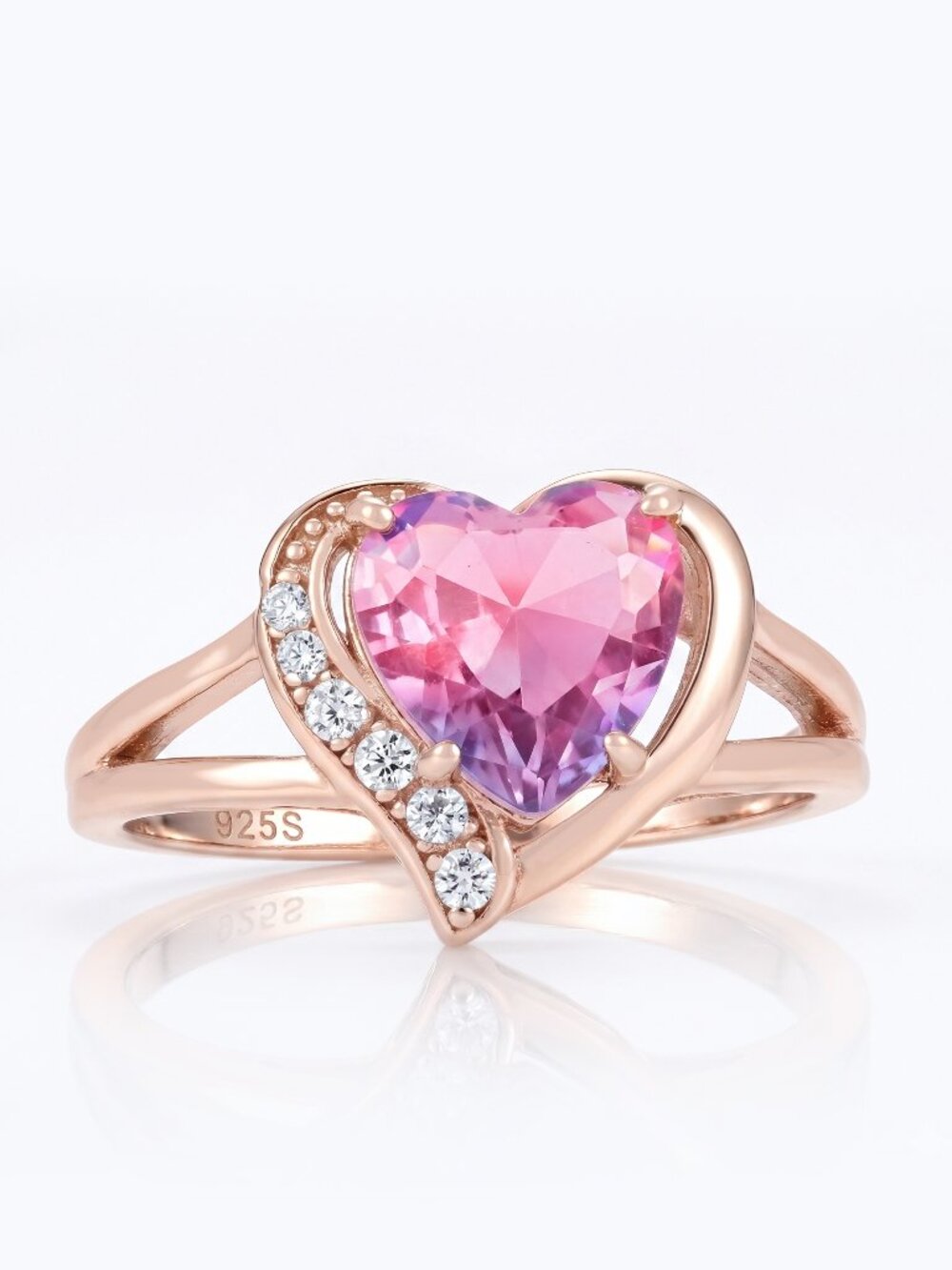 Heart pink and purple gemstone ring, 925 Sterling Silver, 18k Rose Gold